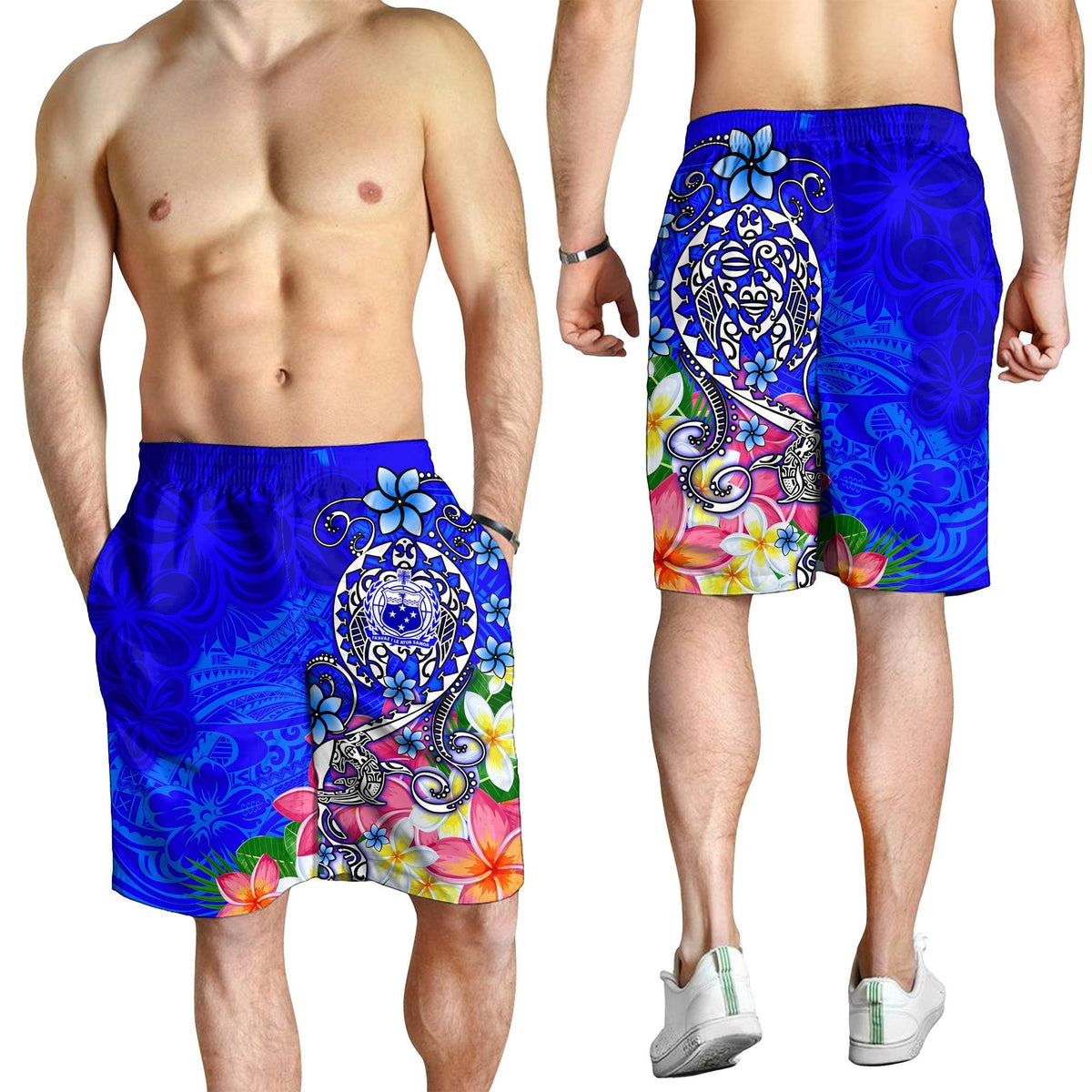 Men's blue swim shorts worn by model, turtle emblem with colorful plumeria print