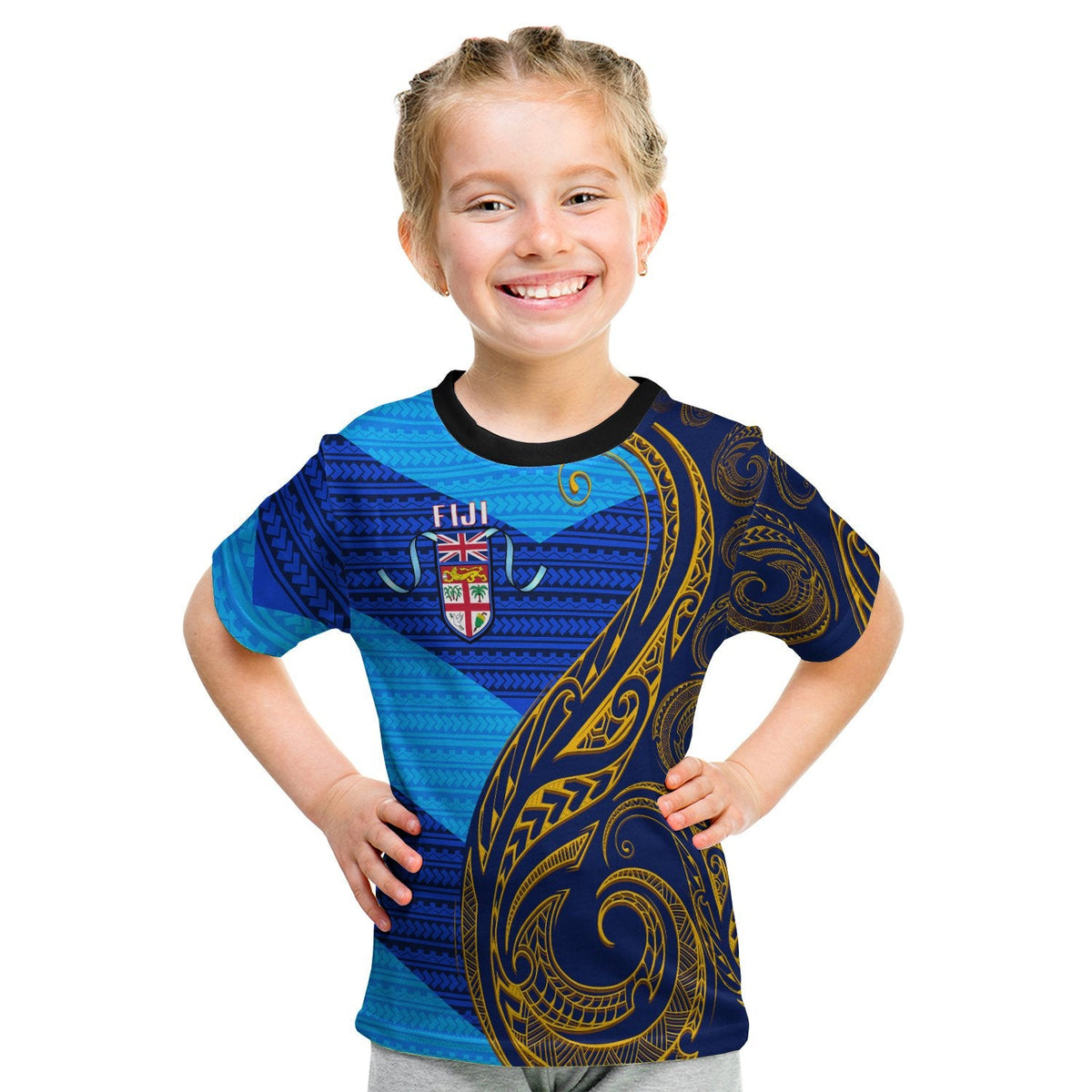 Fiji T Shirt Kid - Flag's Color With Gold Polynesian Pattern LT20 - Wonder Print Shop
