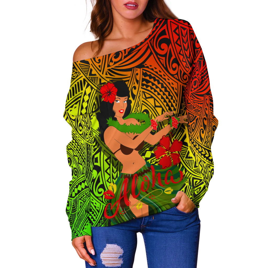 Hawaii Hula Girl Reggae Women Off Shoulder Sweater LT2 - Wonder Print Shop