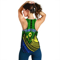 Green tribal print tank top back with stars and text area.