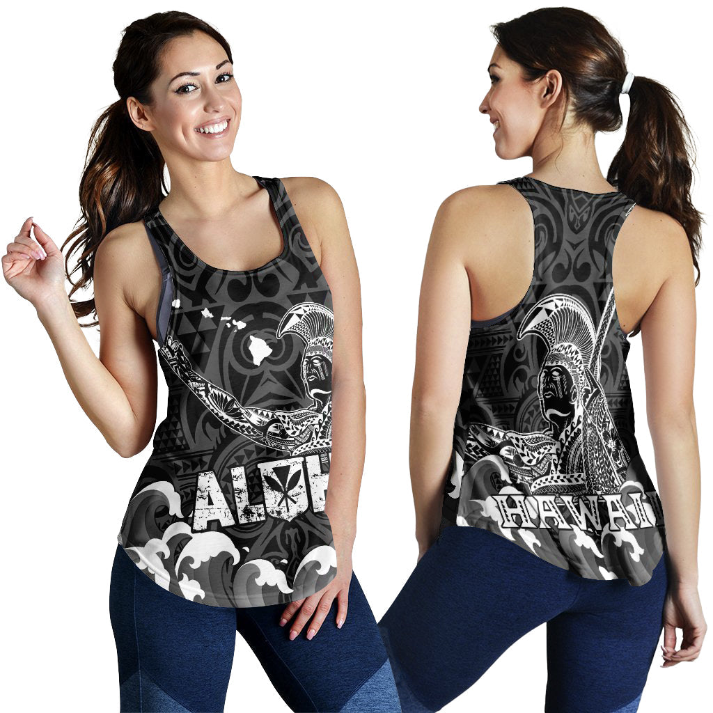 Black tank top, front and back views, racerback straps and 'HAWAII' wave graphic