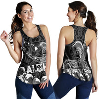 Black tank top, front and back views, racerback straps and 'HAWAII' wave graphic