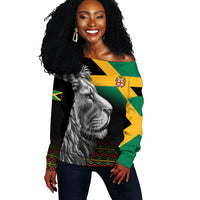 Jamaica Lion Off Shoulder Sweater Jamaican Pattern Version Black LT13 - Wonder Print Shop