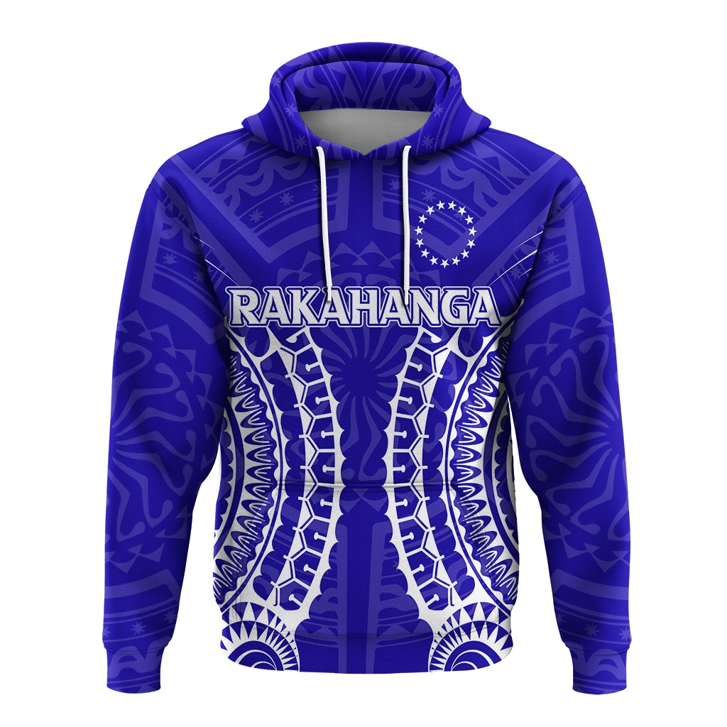 Blue hoodie front with RAKAHANGA text, tribal rays pattern and white hem, hood