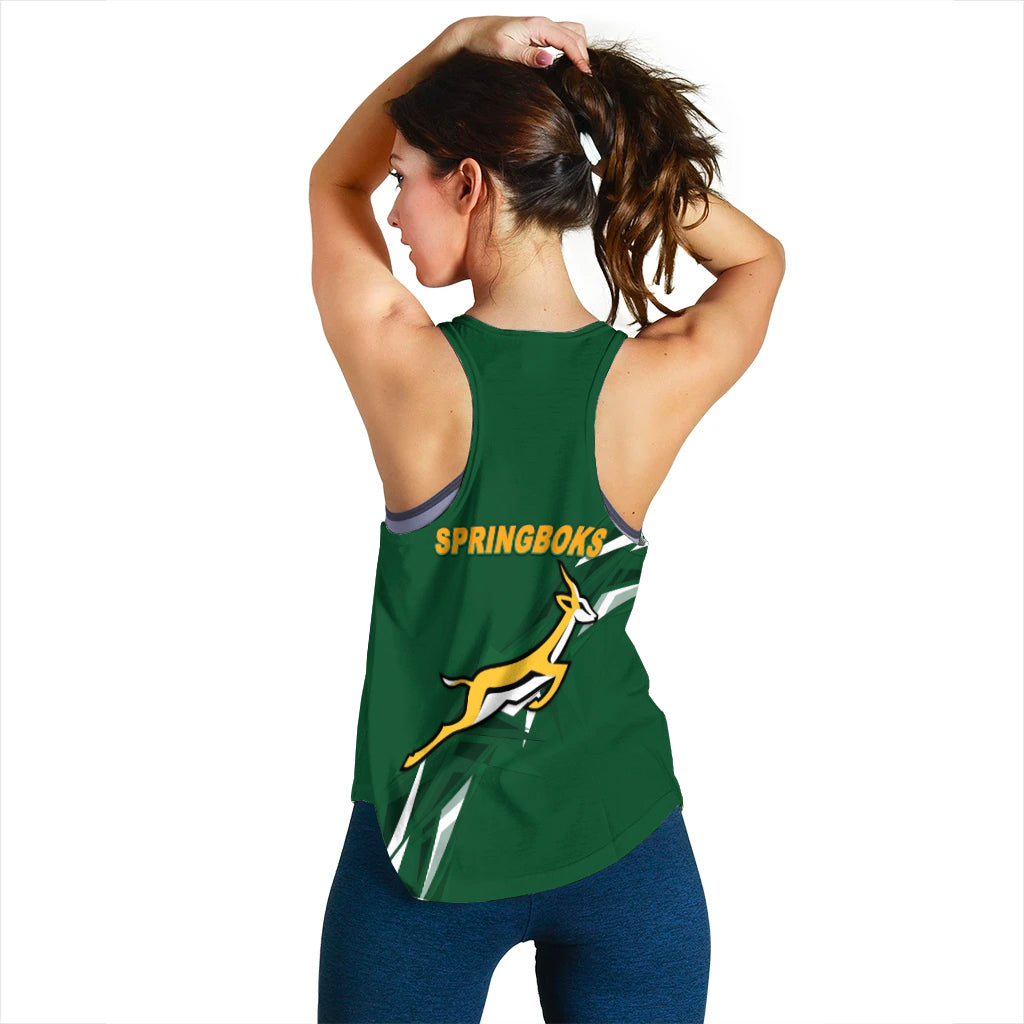 Green women's tank top with back 'SPRINGBOKS' text and Springboks emblem, sleeveless