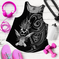 Women's black tank top with tribal owl graphic front, scoop neck and racer back