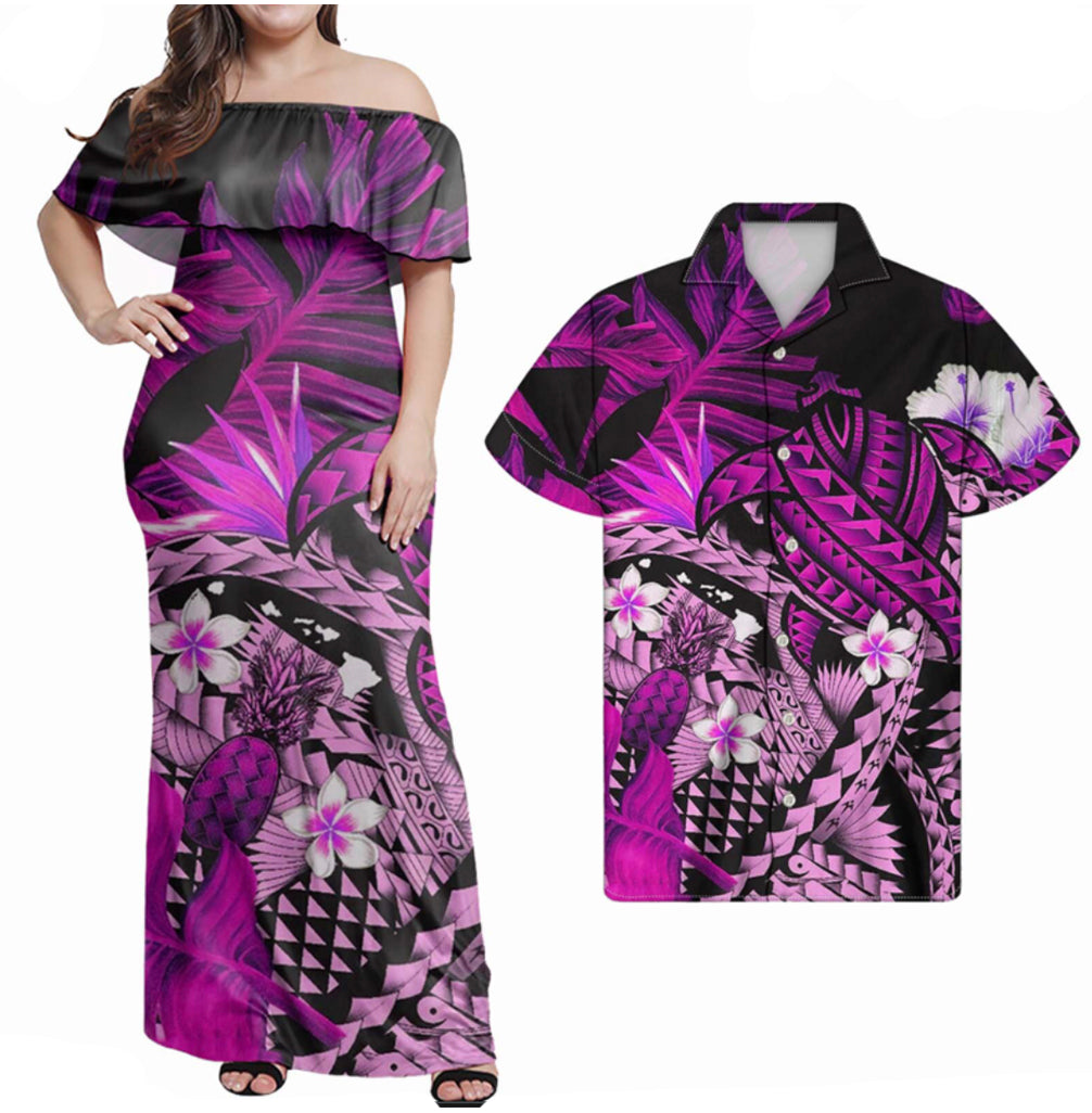 Polynesian Hawaiian With Turrtle Matching Hawaiian Shirt And Dress No.3 LT6 - Wonder Print Shop