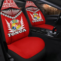 Red Tonga seat cover with crest logo on backrest and fan patterned top panel