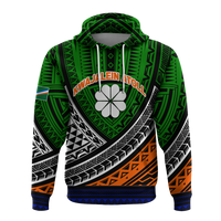 Kids green hoodie with hood, drawstring, front floral logo and multicolor tribal panels