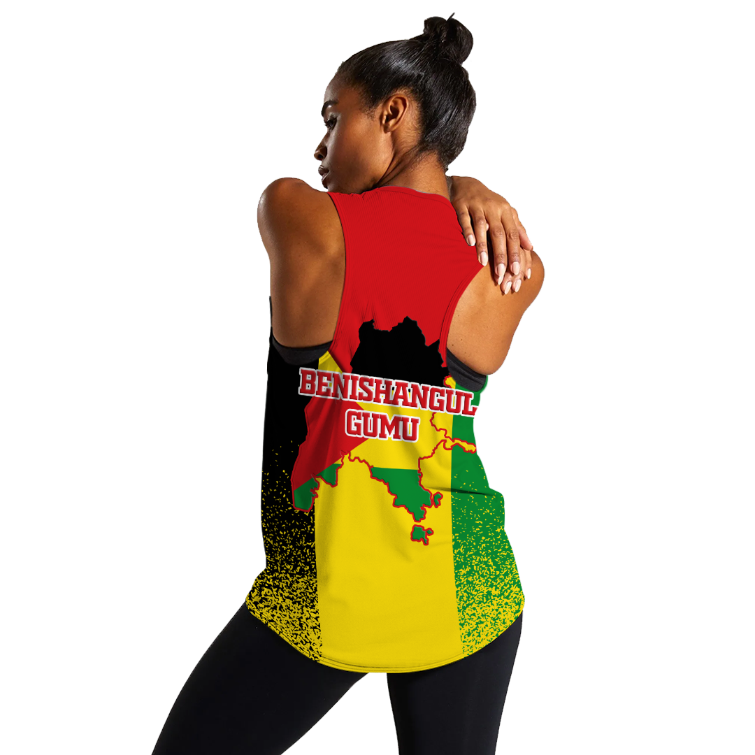 Red racerback tank top with Benishangul-Gumuz text and colorful map print on back