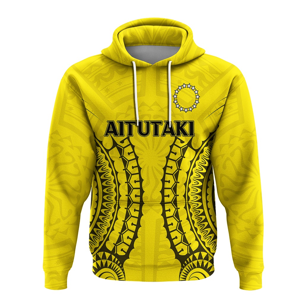 Gelber Hoodie mit Aitutaki-Schriftzug und Tribal-Muster, Kordelzug an der Kapuze