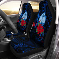 Blue Polynesian flower car seat covers with Guam emblem, full front seat and headrest