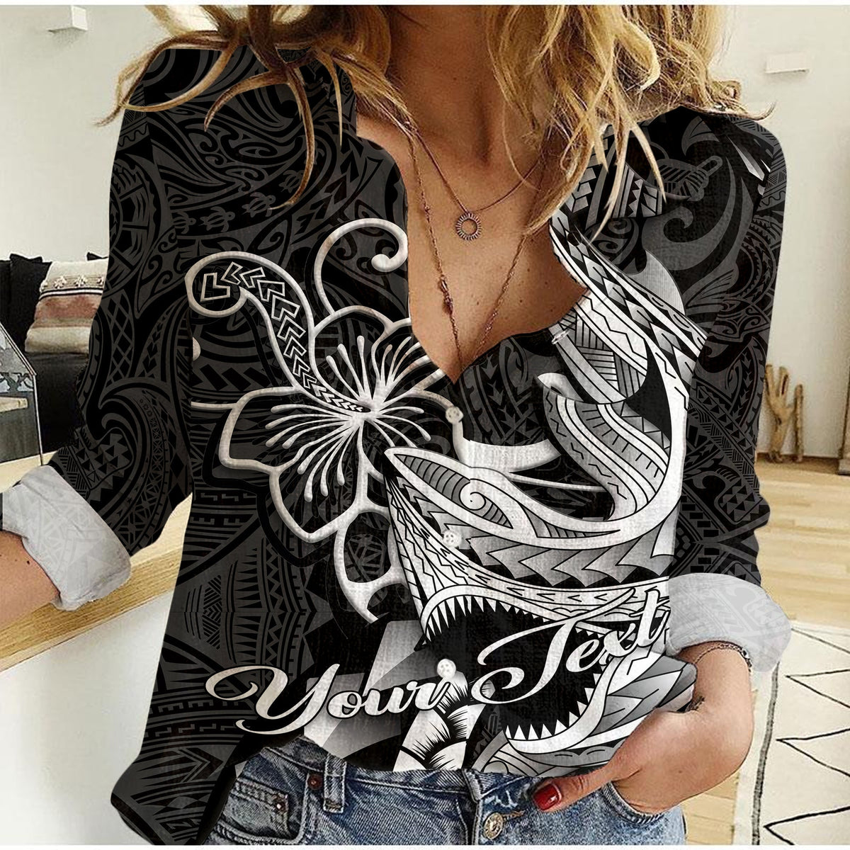 Custom Personalised Polynesian Shark Tattoo Hawaii Tribal Women Casual Shirt LT12 - Wonder Print Shop