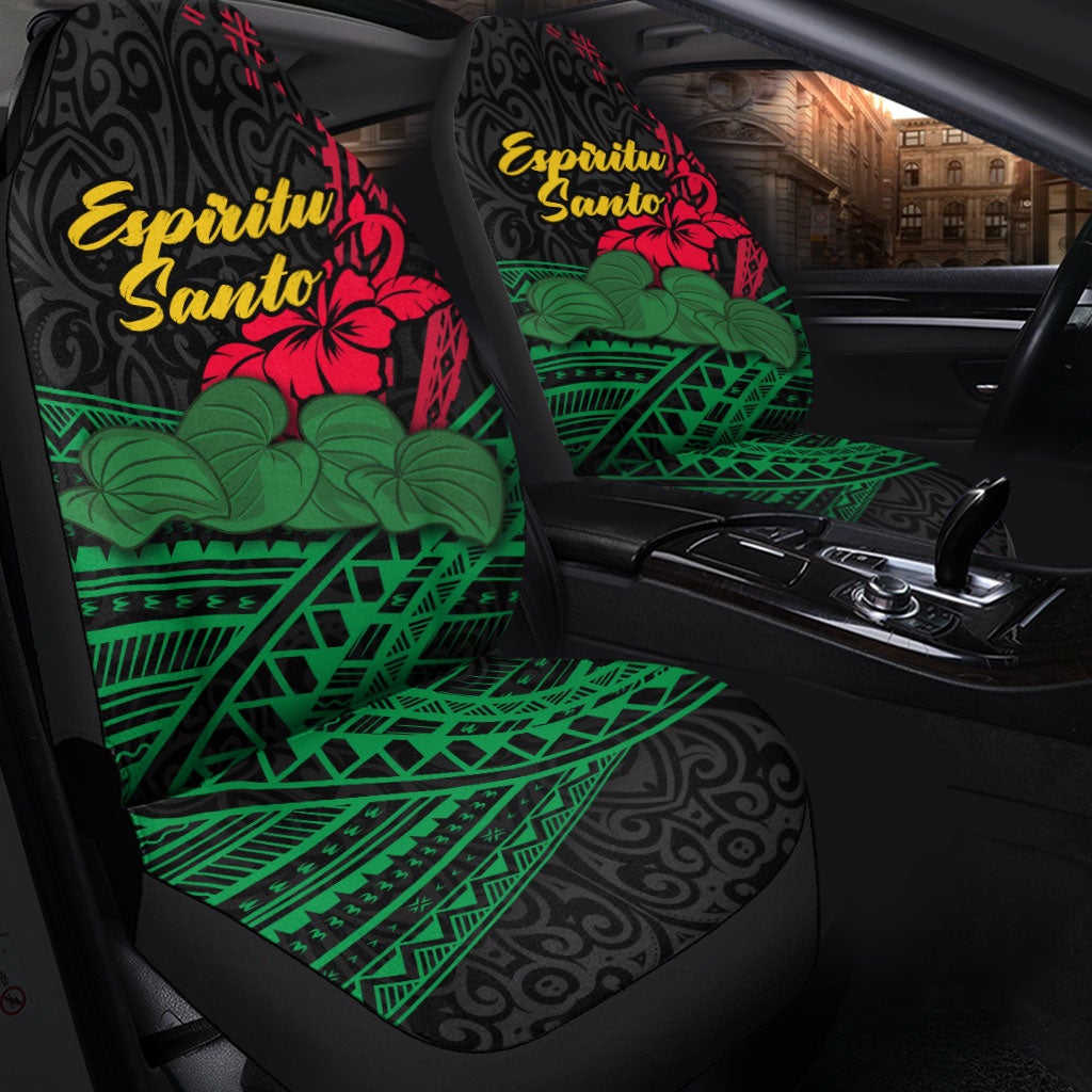 Black seat covers with red hibiscus and green tribal lines; “Espíritu Santo” on backrests