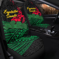 Black seat covers with red hibiscus and green tribal lines; “Espíritu Santo” on backrests