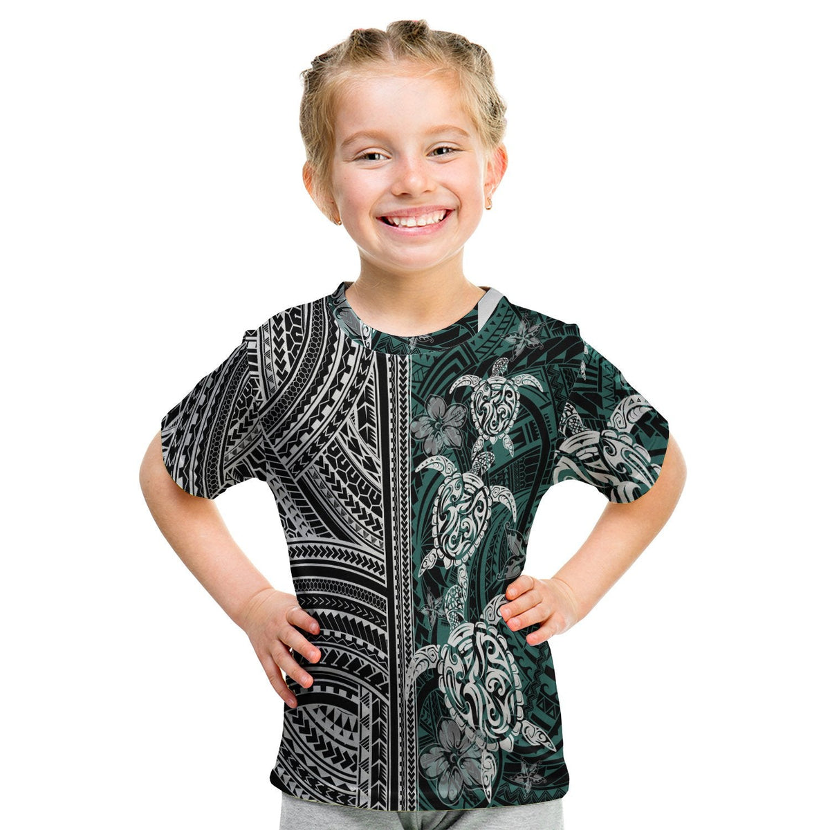 Polynesian T shirt Kid Turtle With Ethnic Motives and Floral Elements LT20 - Wonder Print Shop