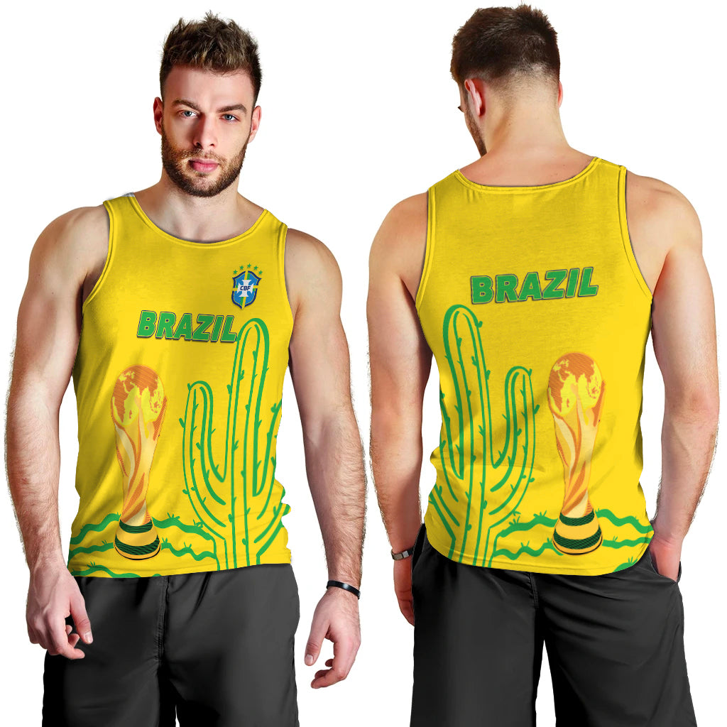 Men's Brazil football tank top, yellow sleeveless with front and back 'BRAZIL' prints