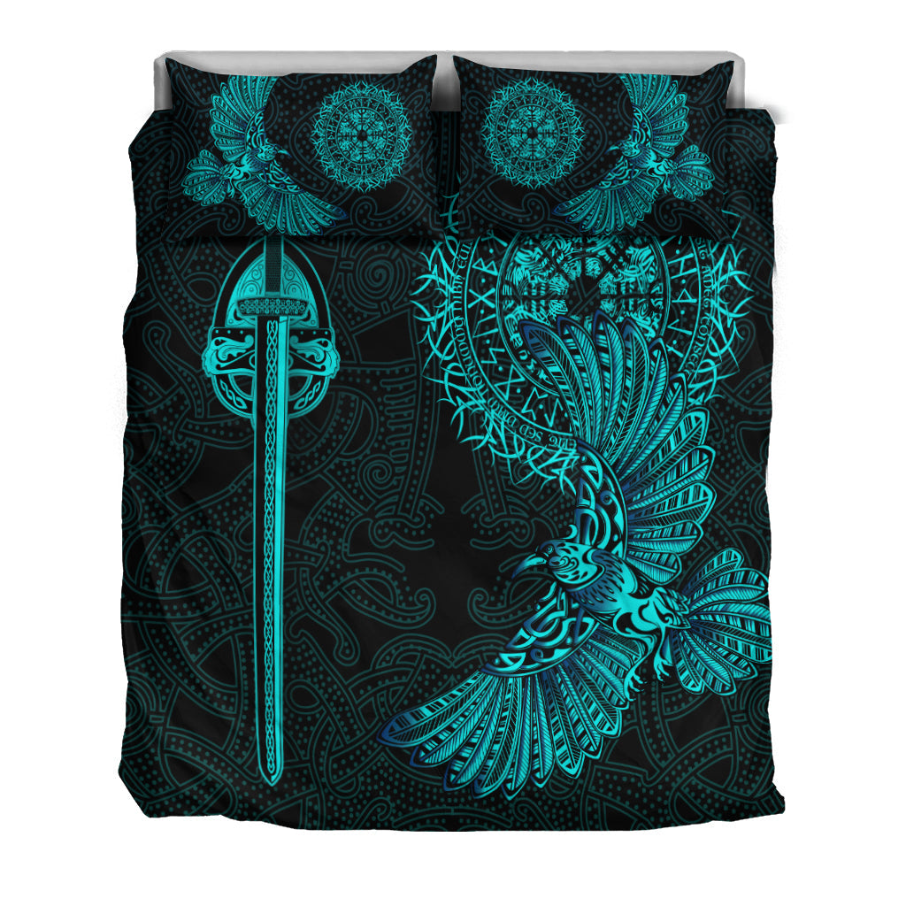 Black duvet cover with teal Viking sword, raven, and decorative fan-like feathers