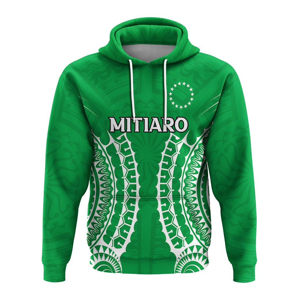 Green pullover hoodie with tribal print, hood drawstrings, MITIARO text