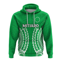 Green pullover hoodie with tribal print, hood drawstrings, MITIARO text