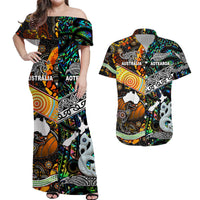 Off-shoulder maxi dress and matching short-sleeve shirt, black multicolor Polynesian print