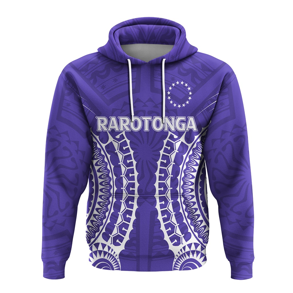 Purple hoodie front view with Rarotonga tribal design and circular flag motif