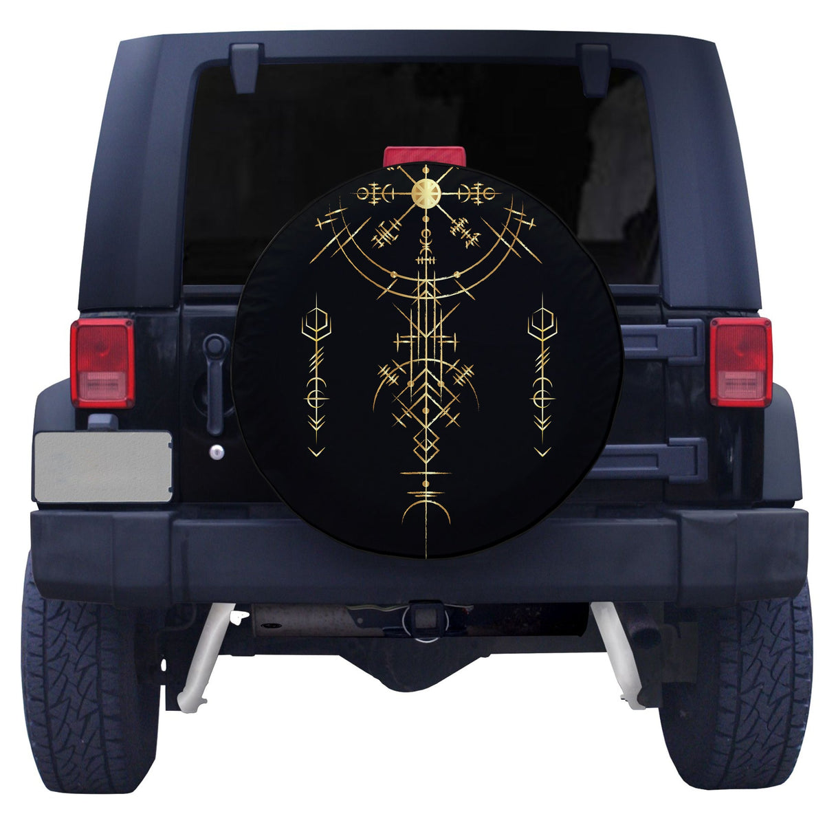 Black-and-gold Viking rune compass spare tire cover, round shape with graphic