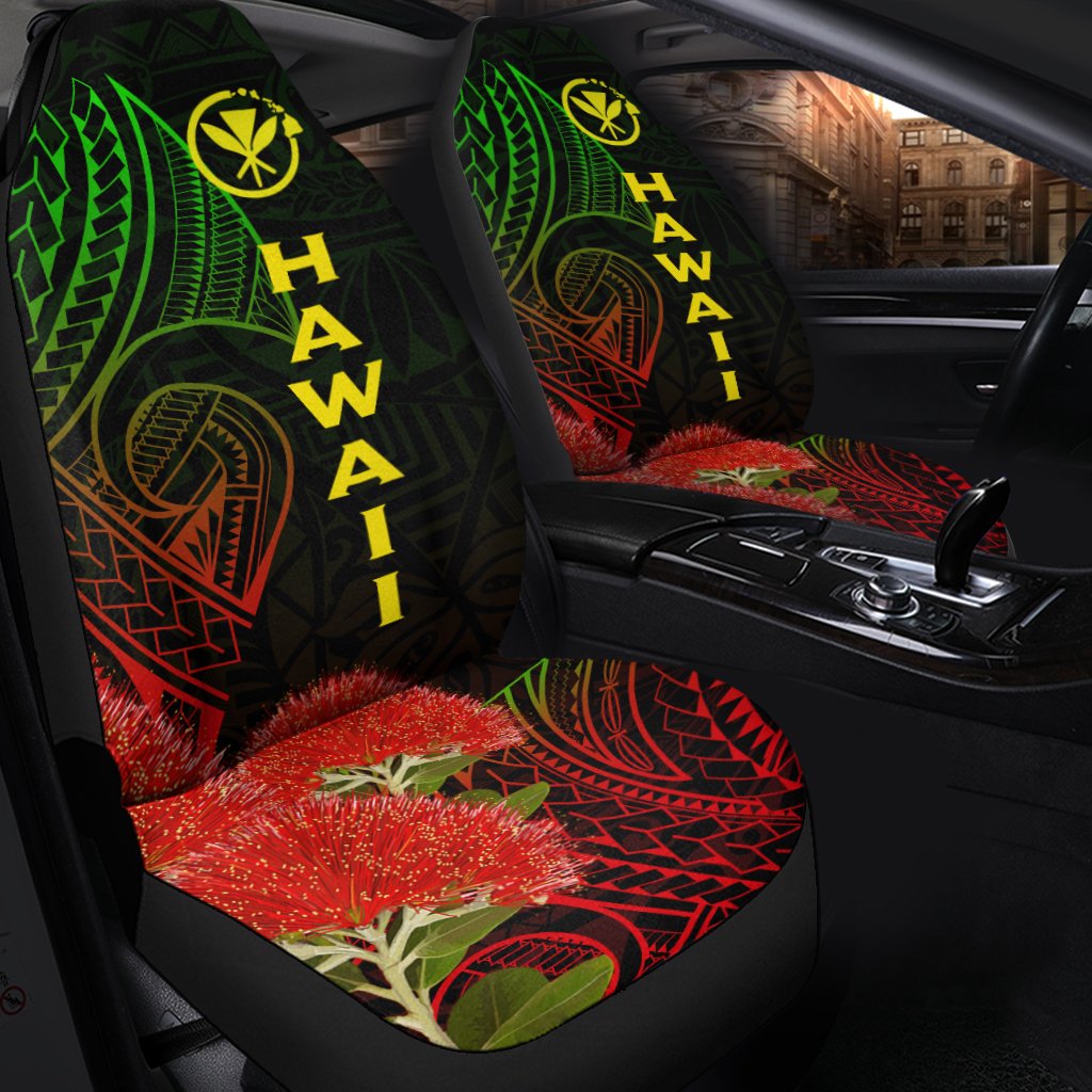Black seat covers with bold green tribal motif, yellow emblem, red accents, and Hawaii letters