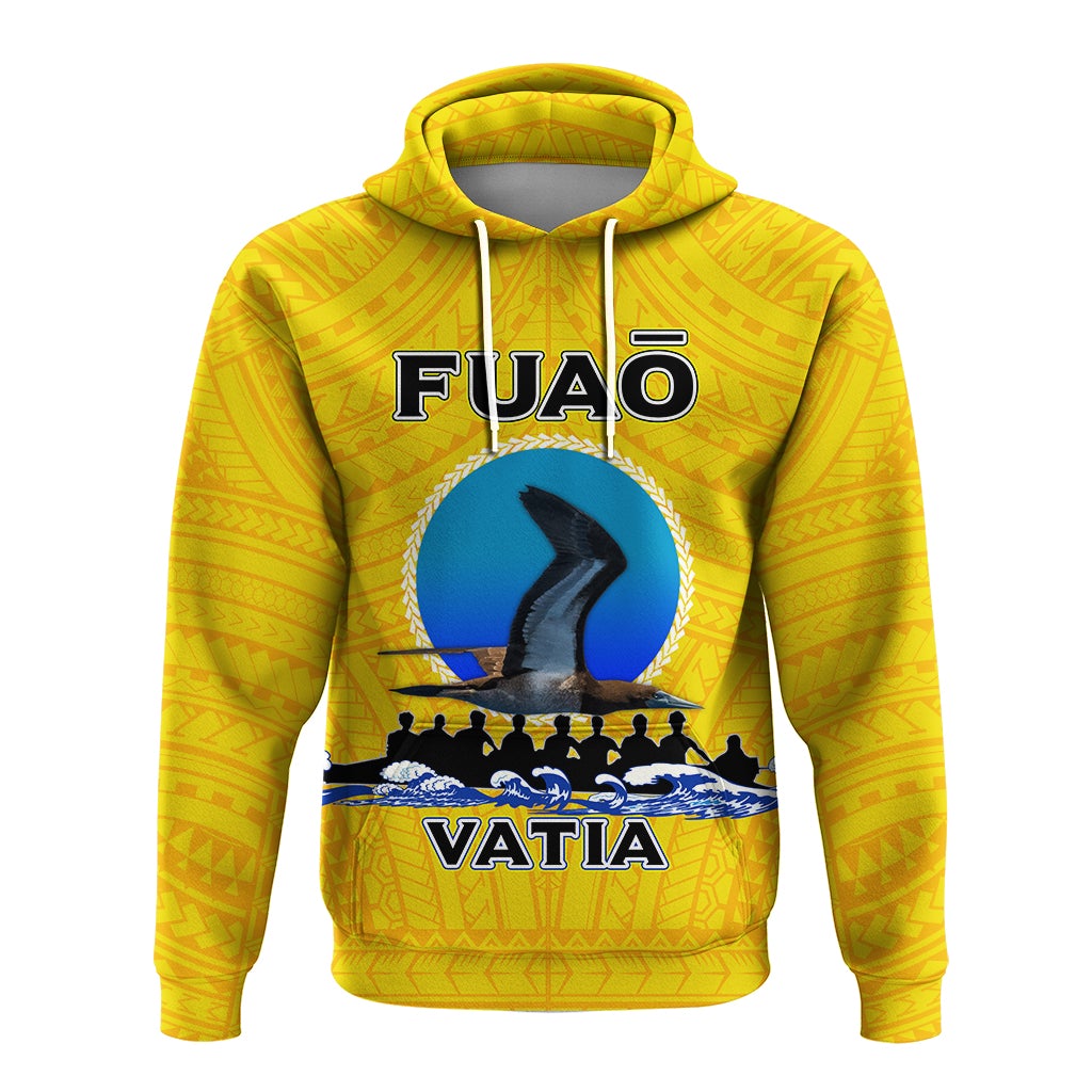 Yellow hoodie front view with FUAO text, blue shark/ship art and VATIA