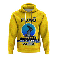 Yellow hoodie front view with FUAO text, blue shark/ship art and VATIA
