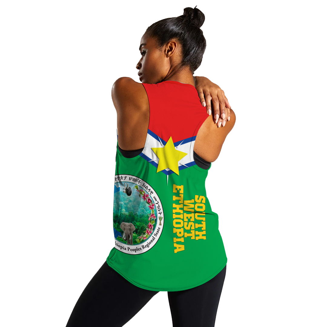 Green women's tank top back view with red collar, vertical yellow text and star