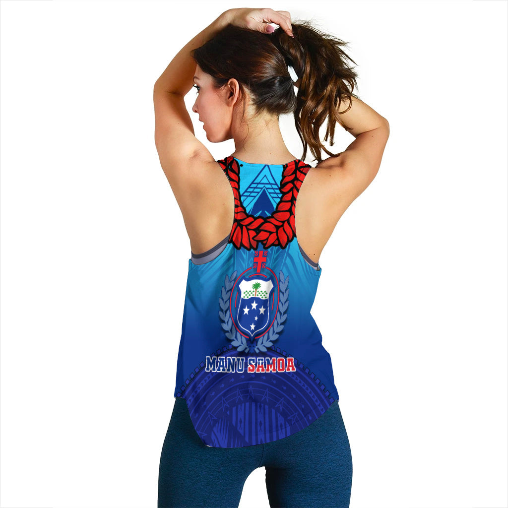 Blue women's tank top back with red floral racerback straps and crest text