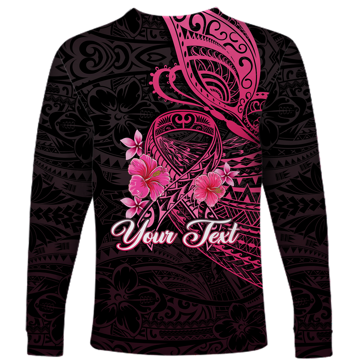 Custom Personalised Breast Cancer Pink Ribbon Butterfly Polynesian Black Version Long Sleeve Shirt LT12 - Wonder Print Shop