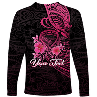 Custom Personalised Breast Cancer Pink Ribbon Butterfly Polynesian Black Version Long Sleeve Shirt LT12 - Wonder Print Shop