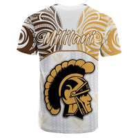 White T-shirt with gold and brown swirls and large helmeted mascot graphic