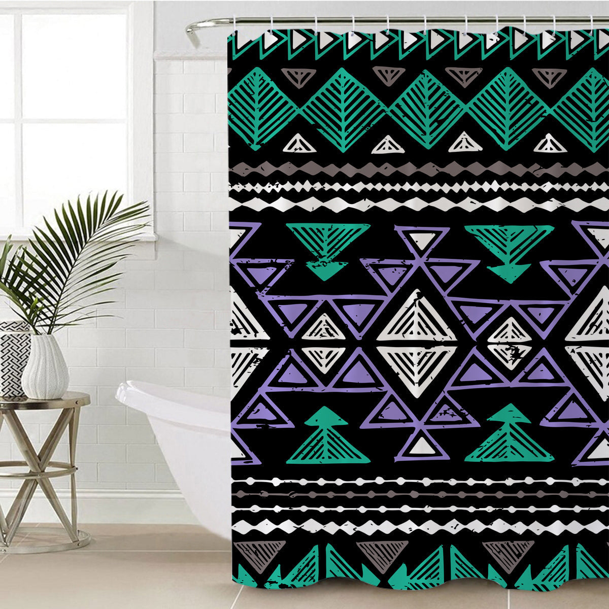 Neon tribal shower curtain with geometric arrows and chevrons, multicolor