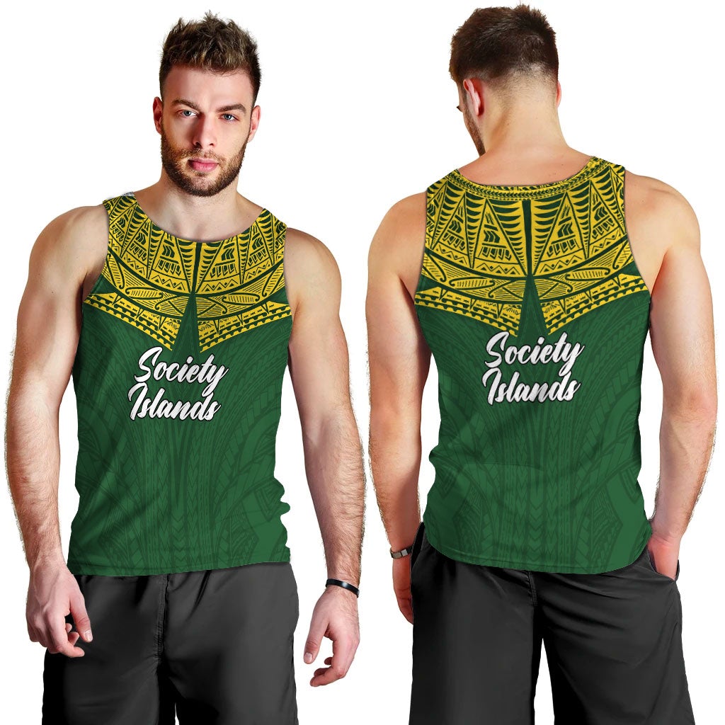 Green men’s tank top, yellow patterned yoke, front Society Islands graphic
