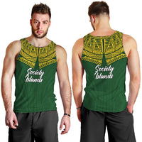 Green men’s tank top, yellow patterned yoke, front Society Islands graphic