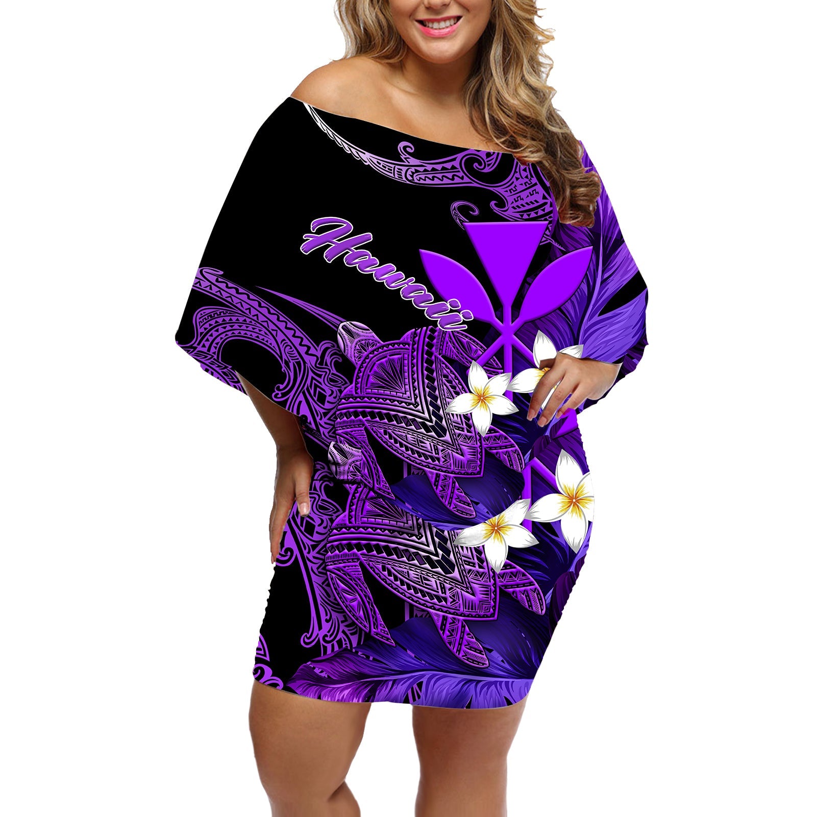 Custom Personalised Hawaii Turtle With Plumeria Leaf Purple Off Shoulder Short Dress LT12 - Wonder Print Shop