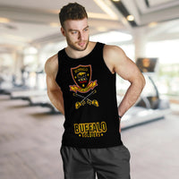 Black men’s tank top with Buffalo Soldiers front crest and cross-weapons print