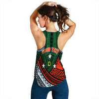 Green women’s tank top back view with bold “YOUR TEXT” tribal design