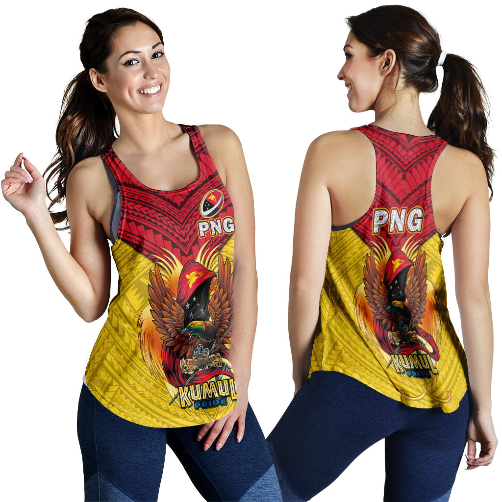 Yellow women’s rugby tank top with red PNG logo and eagle graphic, racer back
