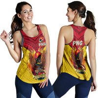 Yellow women’s rugby tank top with red PNG logo and eagle graphic, racer back