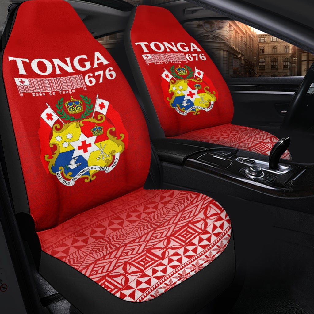 Red Tonga 676 seat covers on front seats; red geometric-pattern cushion