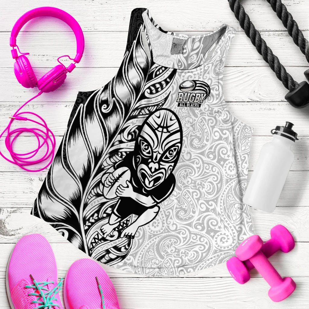 Women's white racerback tank with black Maori tribal graphic, crew neck