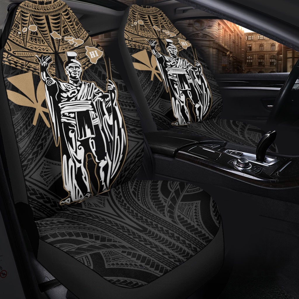 Black seat cover set with gold headpiece and white Kamehameha figure on front rows