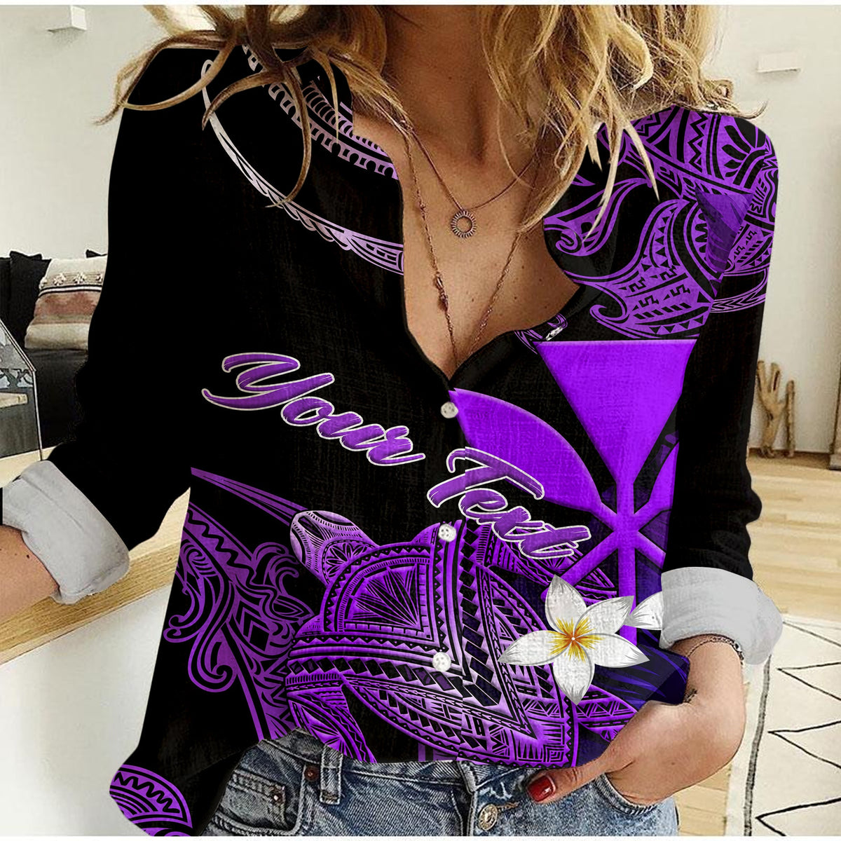 Custom Personalised Hawaii Turtle With Plumeria Leaf Purple Women Casual Shirt LT12 - Wonder Print Shop