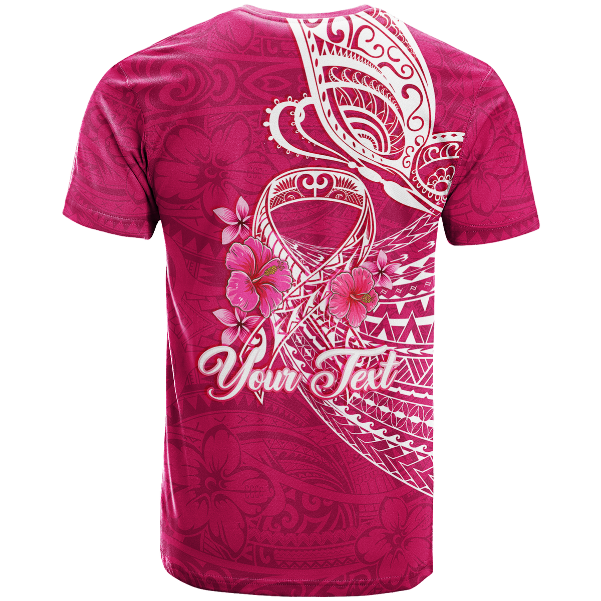 Pink T-shirt back with white heart ribbon, butterfly shapes, and “Your Text” script
