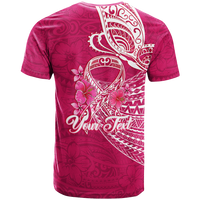 Pink T-shirt back with white heart ribbon, butterfly shapes, and “Your Text” script