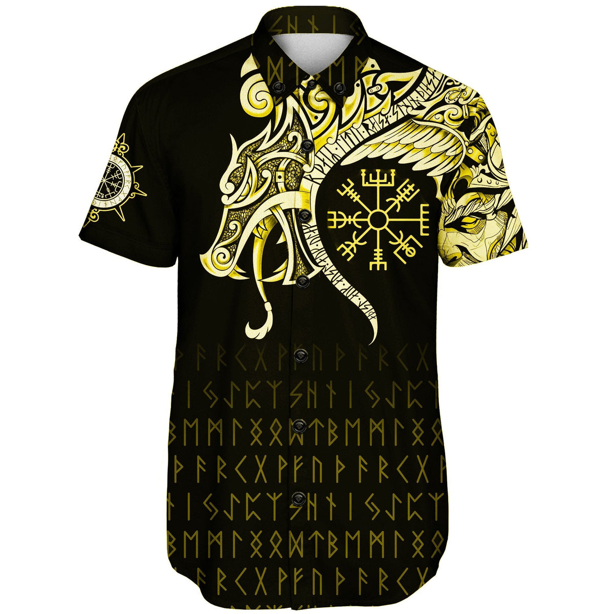 viking-shorts-sleeve-shirt-fenrir-raven-and-vegvisir-tattoo-yellow